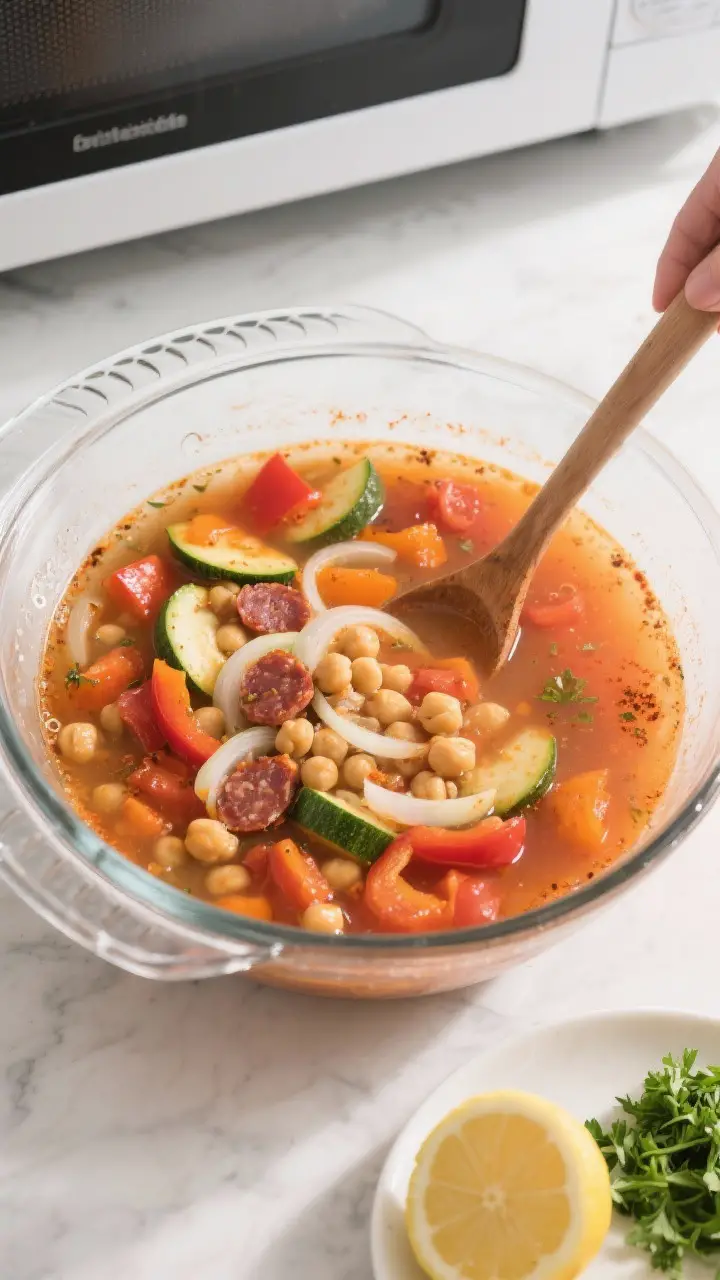 Cooking process: Overhead shot of the soup mid-microwave stage right after stirring, inside a large 