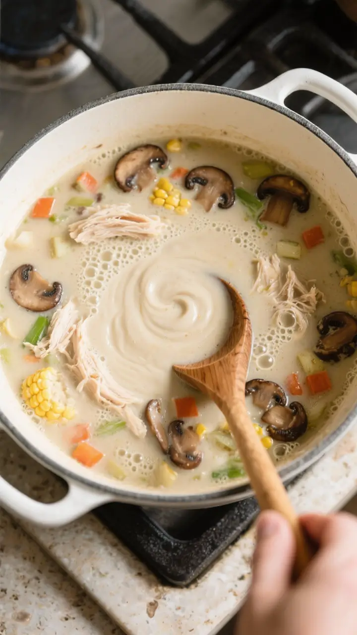 Cooking process: Overhead shot of the soup mid-simmer after stock and roux have combined, showing ge