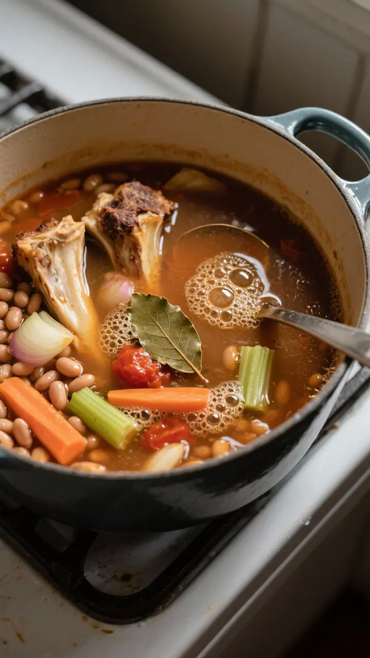 Cooking process: Overhead shot of the soup simmering low and slow in a heavy Dutch oven, roasted mar