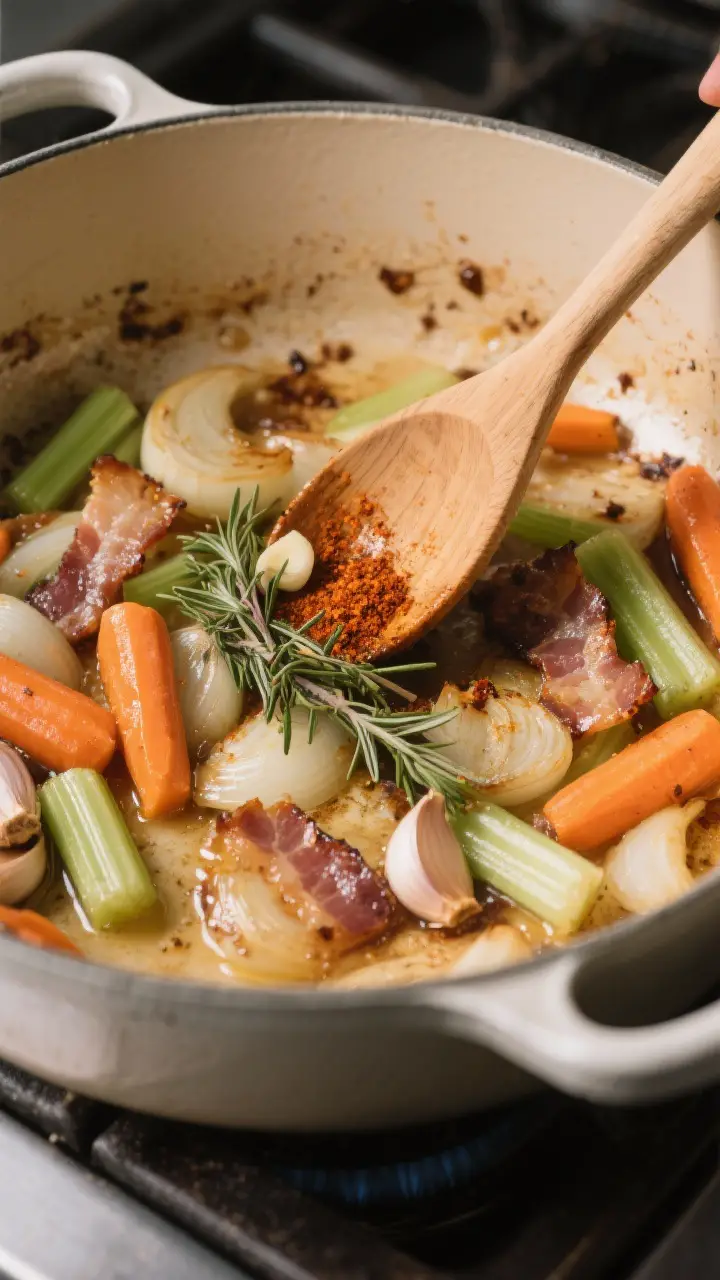 Cooking process shot: Sauté stage in one-pot—onion, carrot, and celery sweating and lightly brown