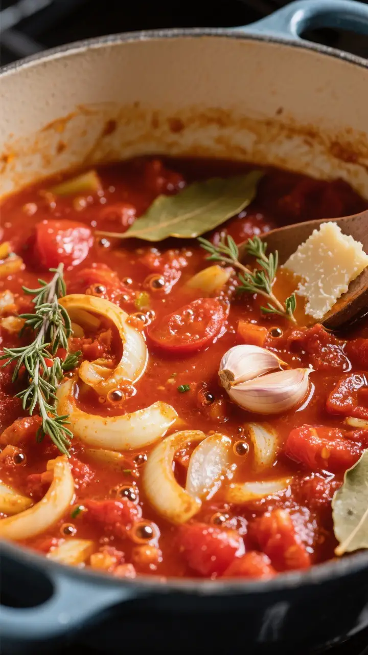Cooking process: Tomato base “bloom” moment in a sauté stage—onions softened and lightly gold