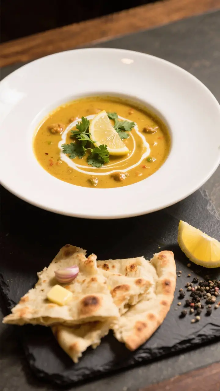 Final dish overhead: Restaurant-quality plating of Mulligatawny in a wide white bowl, creamy golden 