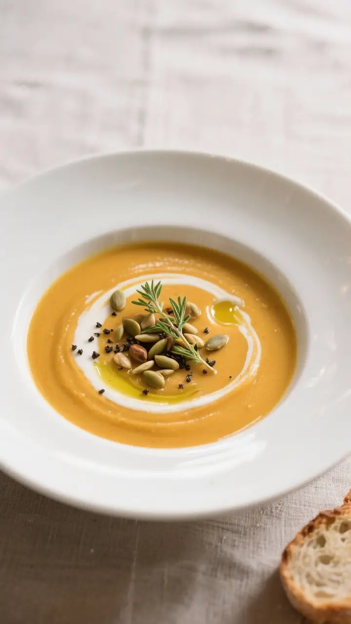 Final dish, plated elegance: Silky Apple Butternut Soup blended ultra-smooth, poured into a wide whi