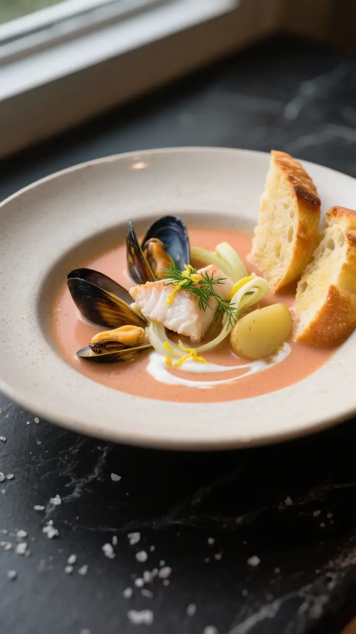 Final dish, plated: Restaurant-quality bowl of West Coast Soup served in a wide, matte off-white bow