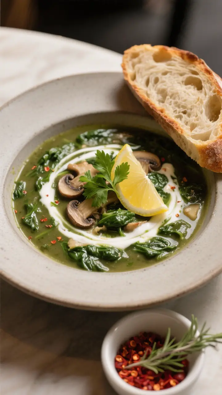 Final dish presentation: Beautifully plated bowl of Spinach and Mushroom Soup with a luxe swirl of h