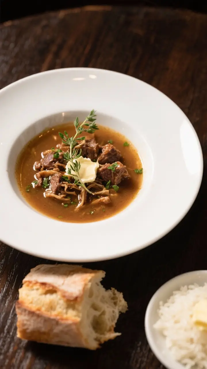 Final dish presentation: Restaurant-quality bowl of Oxtail and Butter Soup ladled into a warm, wide-