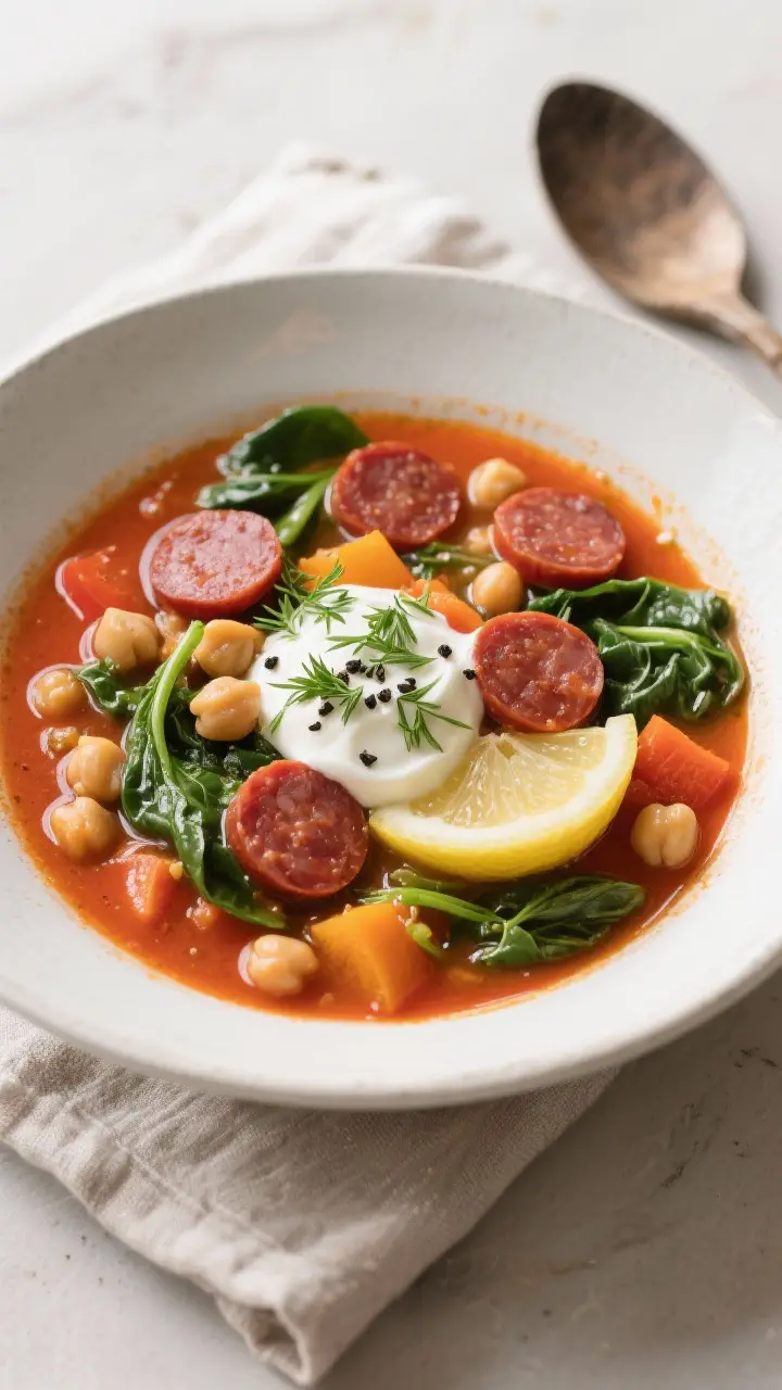 Final dish presentation: Restaurant-quality bowl of Microwave Mediterranean Chorizo Veg Soup plated 