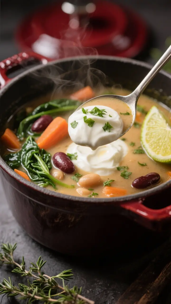 Final dish presentation — Restaurant-quality close-up of a ladle lifting the soup from the pot, sh
