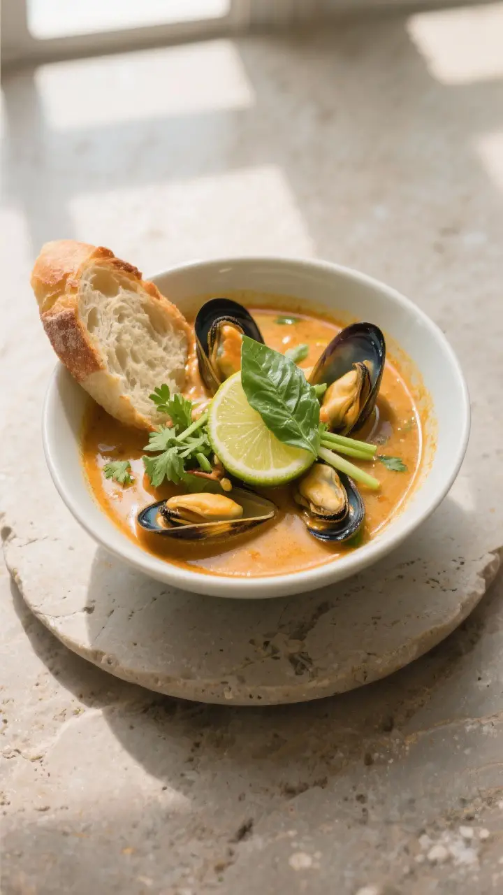 Final dish presentation: Restaurant-quality plated bowl of Thai-Style Mussel Soup on a neutral stone