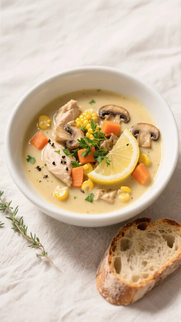 Final dish presentation: Restaurant-quality plated bowl of Creamy Chicken, Mushroom and Corn Soup, g