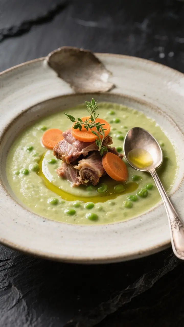 Final dish presentation: Restaurant-quality plating of Eisbein Pea Soup with extra creaminess (parti