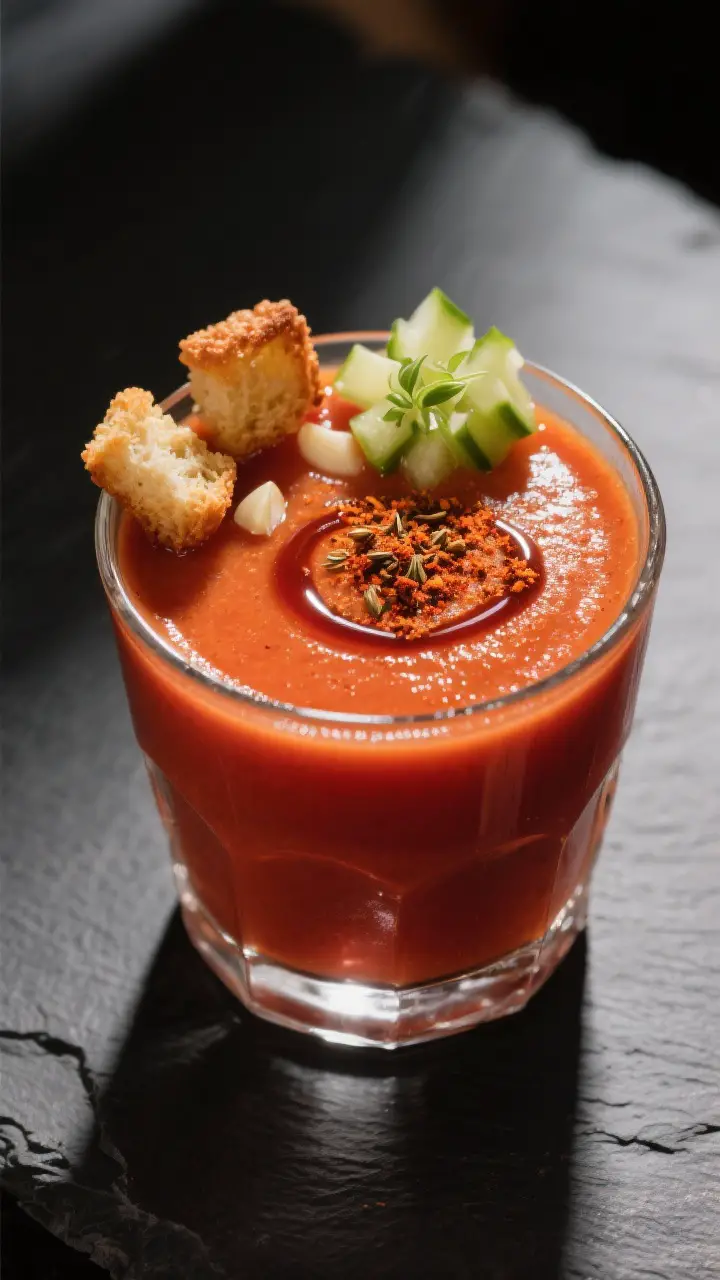 Final dish variation showcase: Close-up of “Spicy Andalusian” gazpacho in a low tumbler, deep re