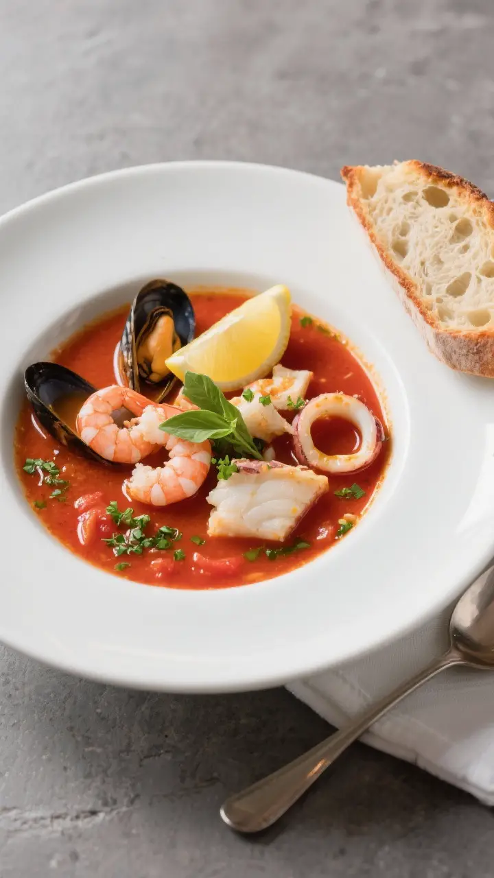 Final plated bowl: Tomato and Seafood Soup served in a wide white bowl, shrimp curled pink, mussels 