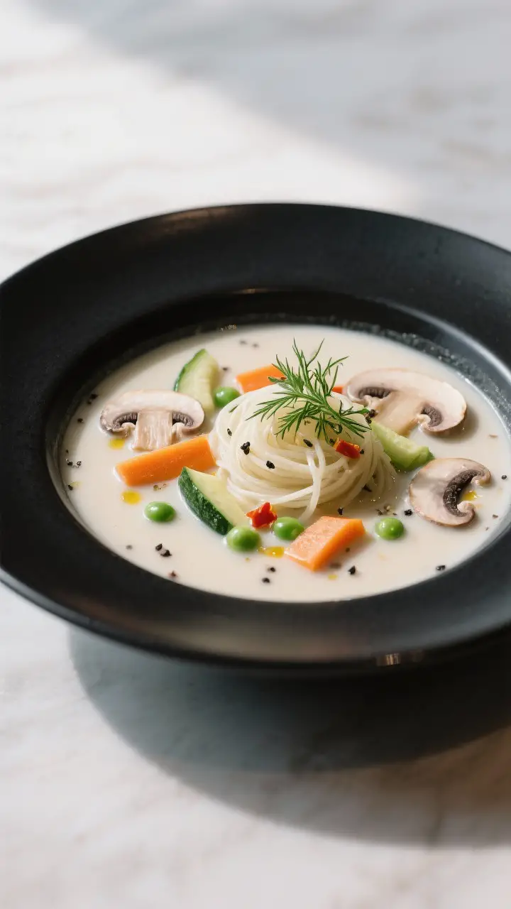 Final plated, silky version: Restaurant-quality presentation of a creamy, coconut-enriched mushroom