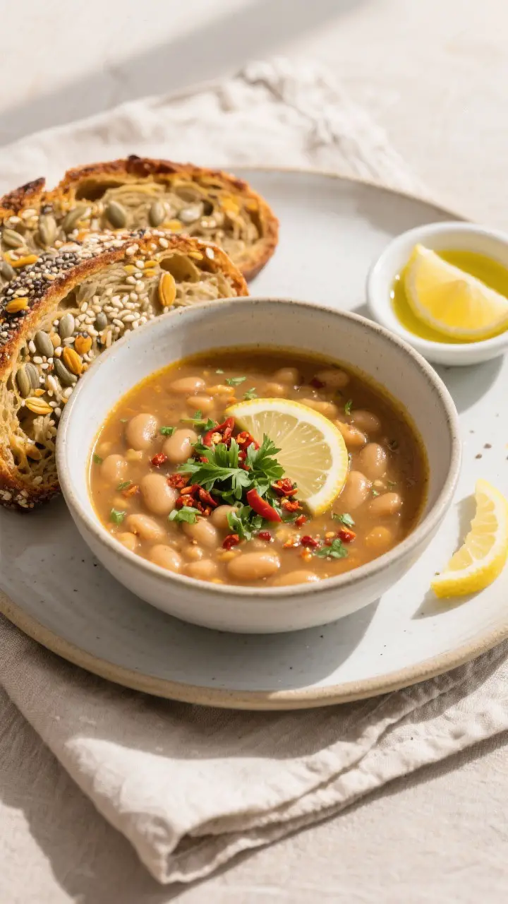 Final plated spread: Tasty top view of a finished serving—deep bowl of marrow-rich bean soup garni