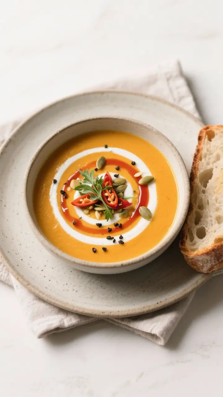 Final plated, tasty top view: Overhead shot of a restaurant-style bowl of pumpkin soup with a perfec