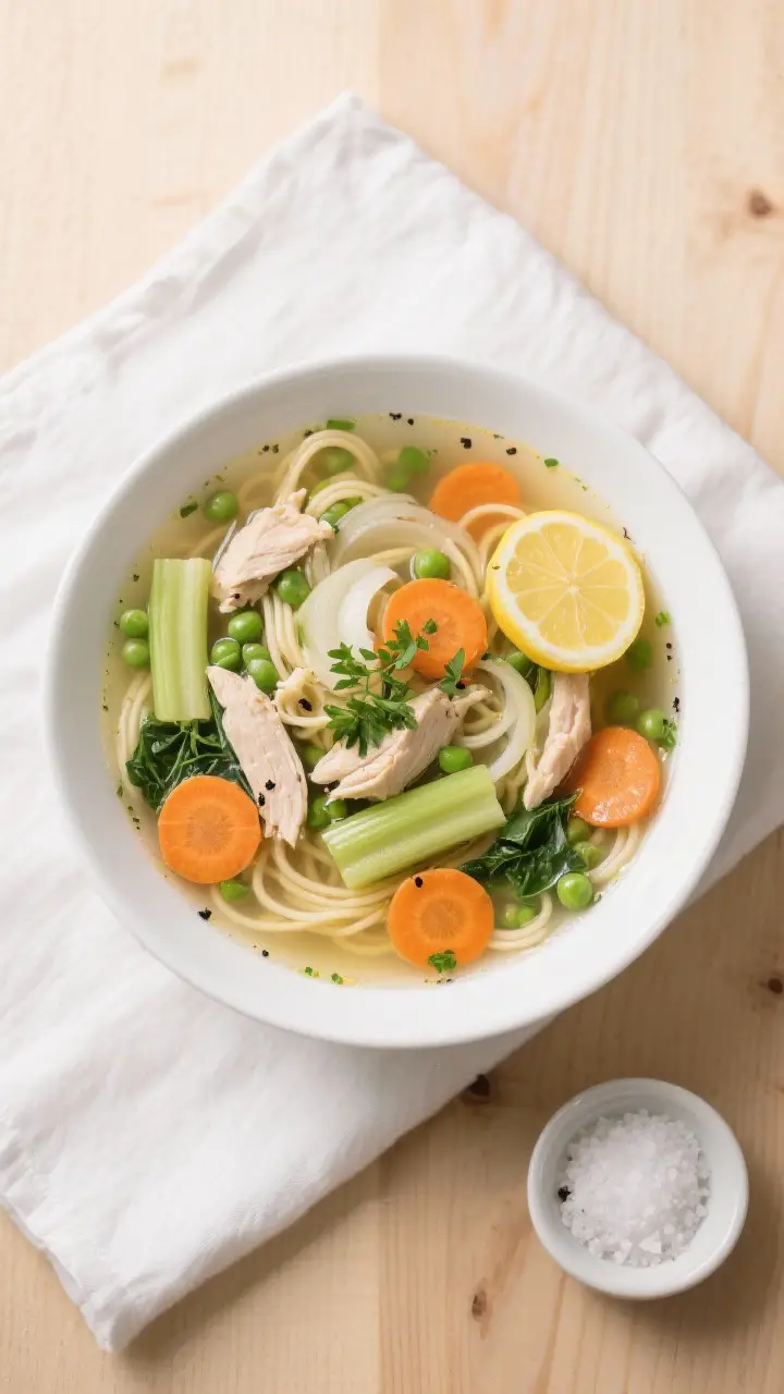 Overhead final dish: Top-down shot of a wide white bowl filled with Chicken Noodle Soup with Veg, ar