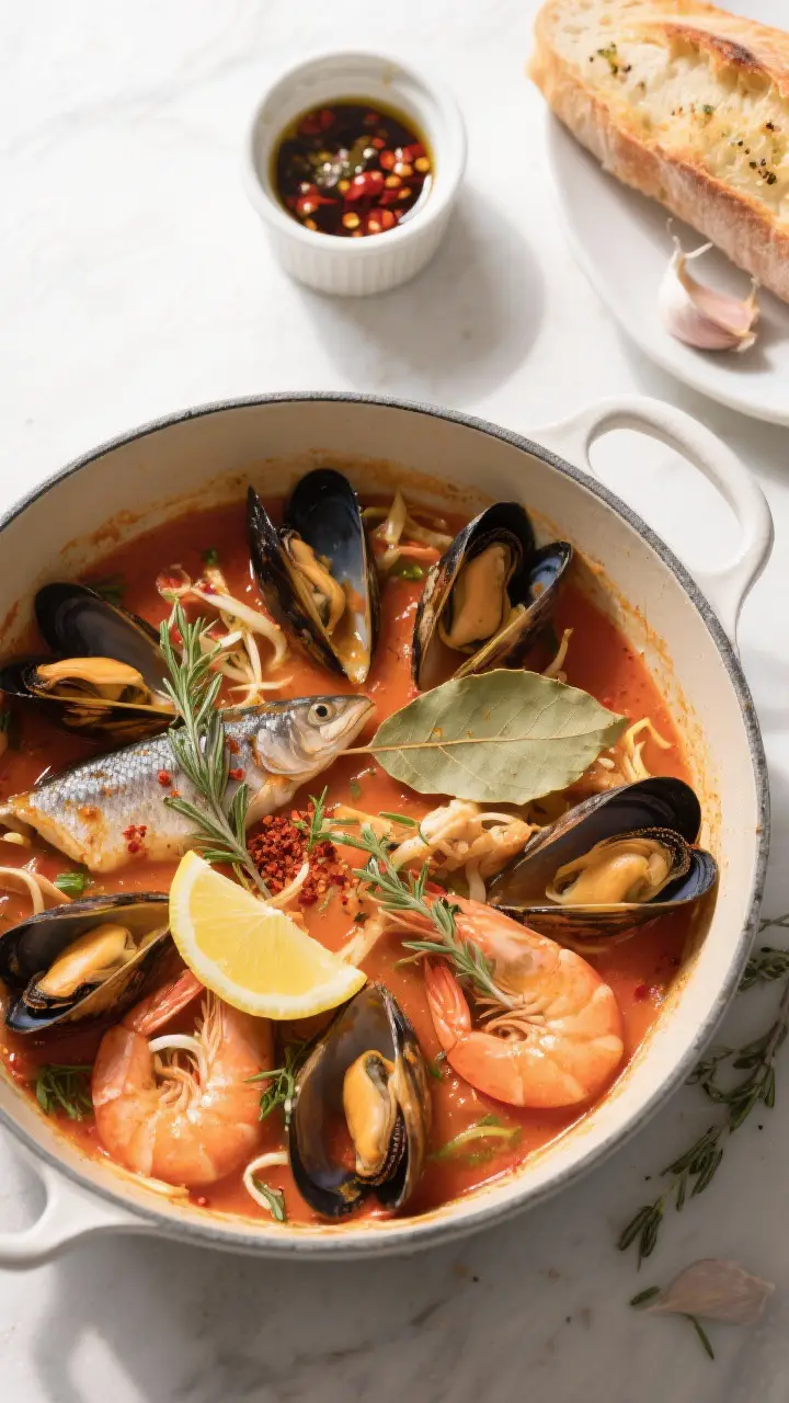 Overhead “tasty top view”: One-pot finale just off heat—mussels and clams opened across the su