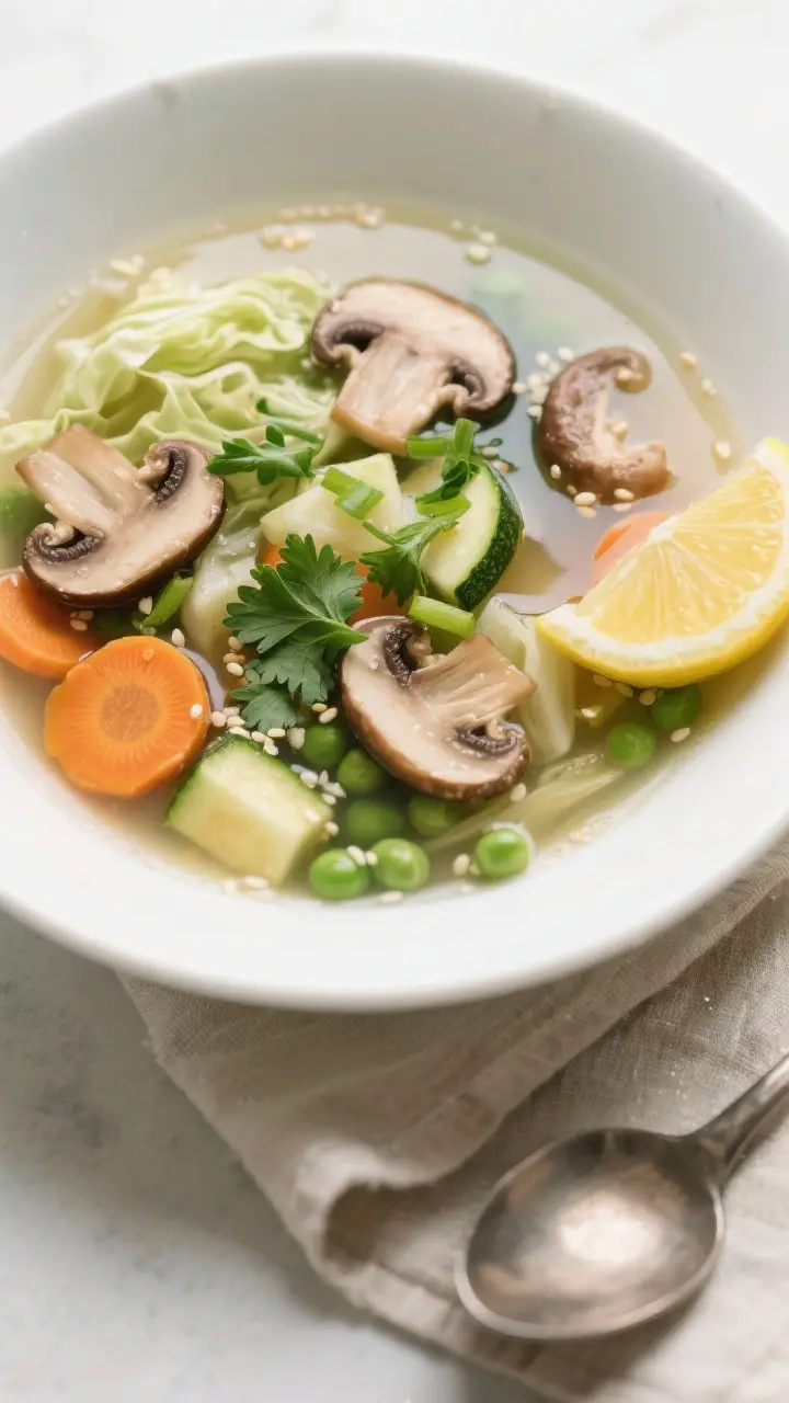 Tasty top view, clear-broth version: Overhead shot of a clear Mushroom Veg Soup in a matte white bow