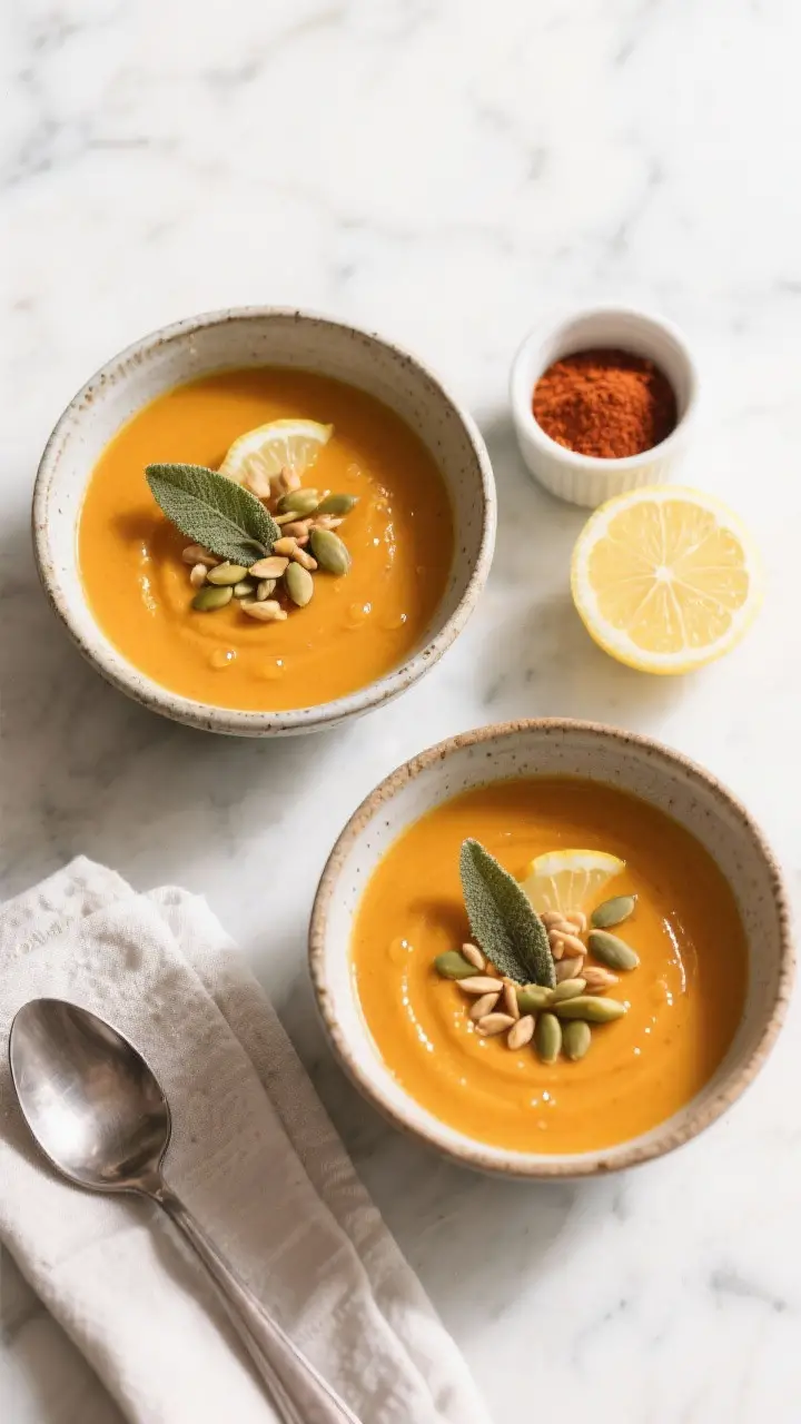 Tasty top view, overhead composition: Overhead shot of Apple Butternut Soup in two rustic ceramic bo