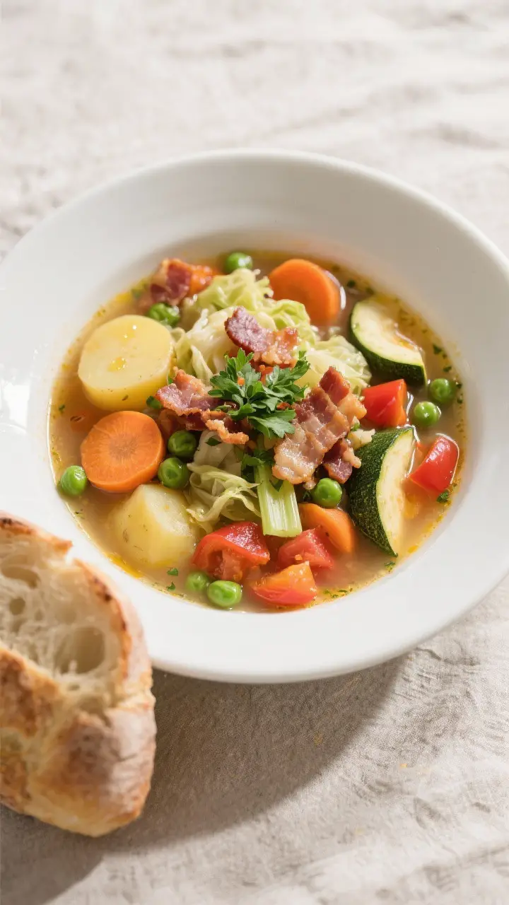 Tasty top view (overhead): Final bowl of Bacon and Veggie Soup, vibrant and hearty—golden potatoes