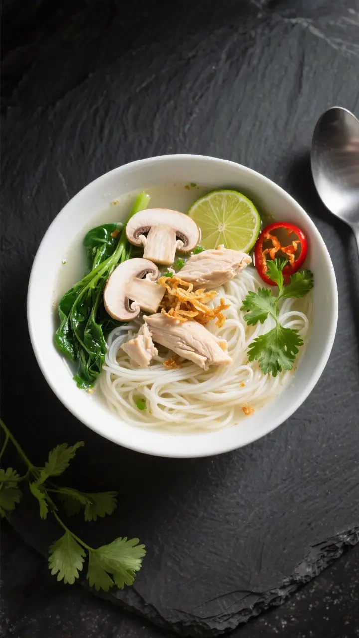 Tasty top-view overhead shot of a hearty noodle version: the coconut chicken soup ladled over a nest