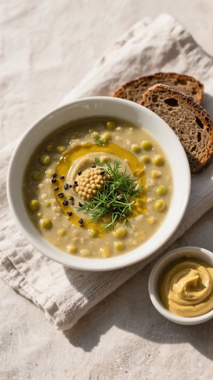Tasty top view: Overhead shot of a thick, hearty bowl of Eisbein Pea Soup served in a wide white cer