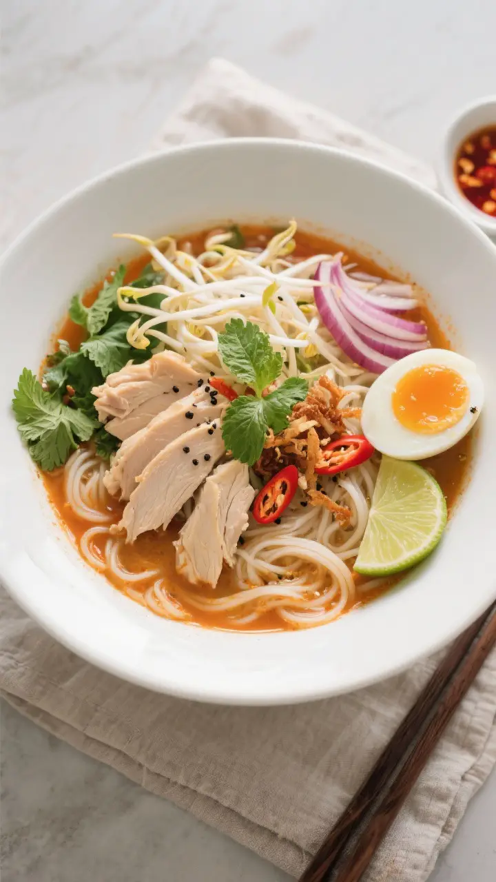 Tasty top view: Overhead shot of assembled chicken laksa in a wide white bowl—bouncy rice vermicel
