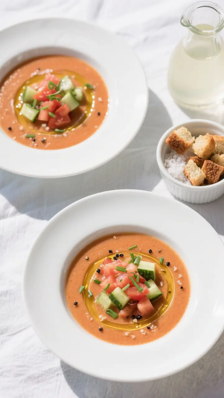 Tasty top view: Overhead shot of finished gazpacho served in wide, white shallow bowls, garnished wi