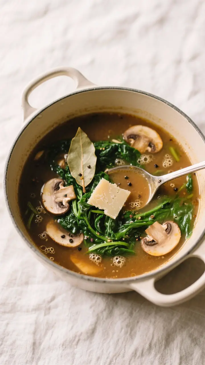 Tasty top view: Overhead shot of Spinach and Mushroom Soup just finished on the stove—silky, clear