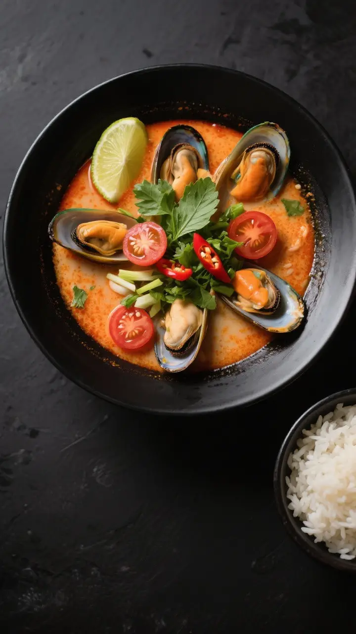 Tasty top view: Overhead shot of Thai-Style Mussel Soup in a wide black bowl, mussels fanned open in