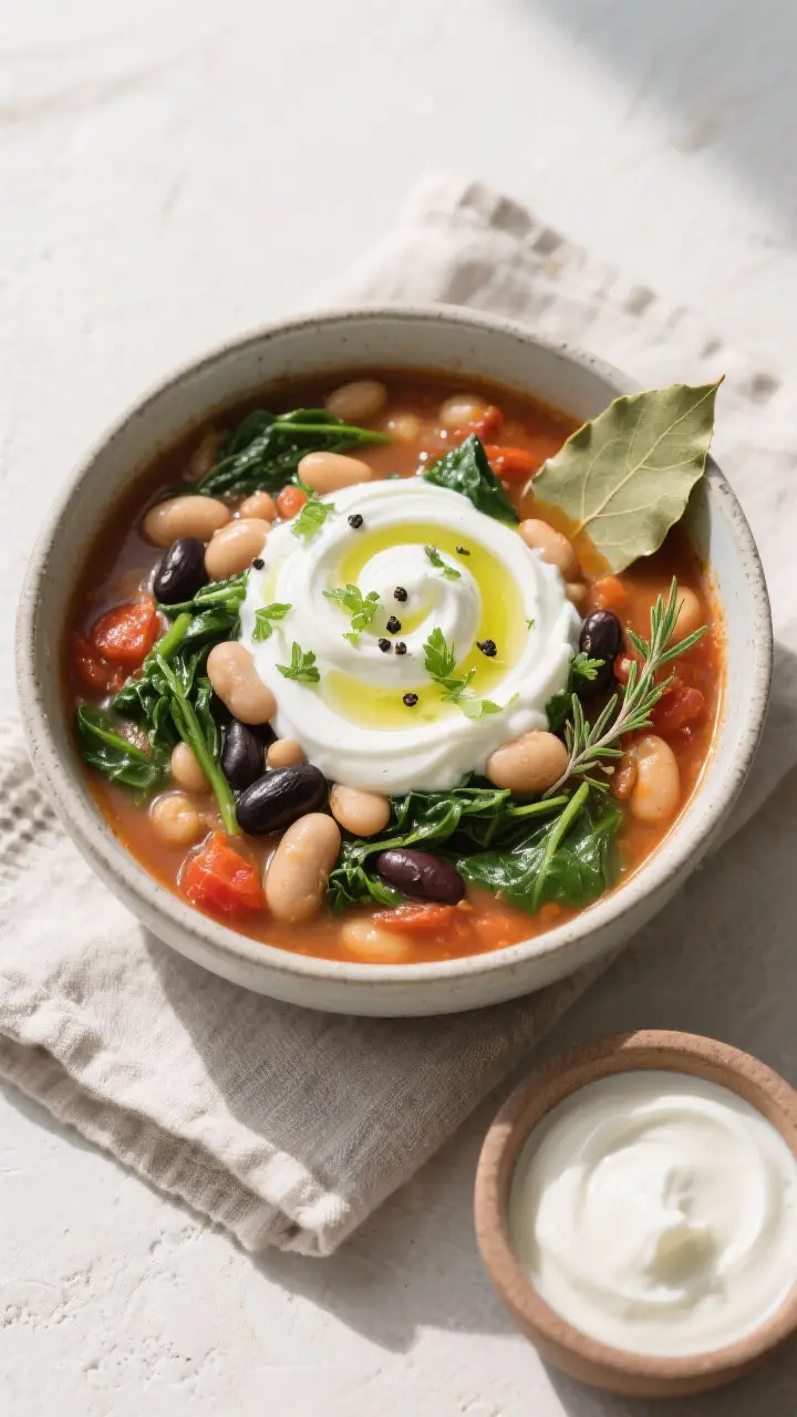 Tasty top view — Overhead shot of the finished bean soup in a wide, matte ceramic bowl: mixed bean