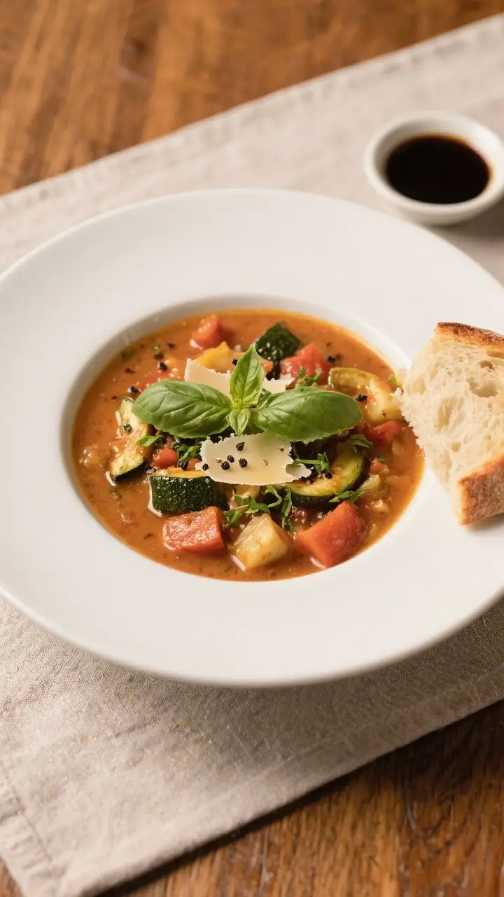 Tasty top view: Overhead shot of the finished Ratatouille Soup in a wide, shallow white bowl, showca