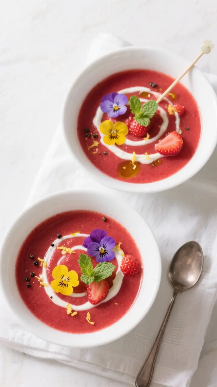 Tasty top view: Overhead shot of two shallow white bowls of Strawberry and Pansy Soup, vibrant ruby 