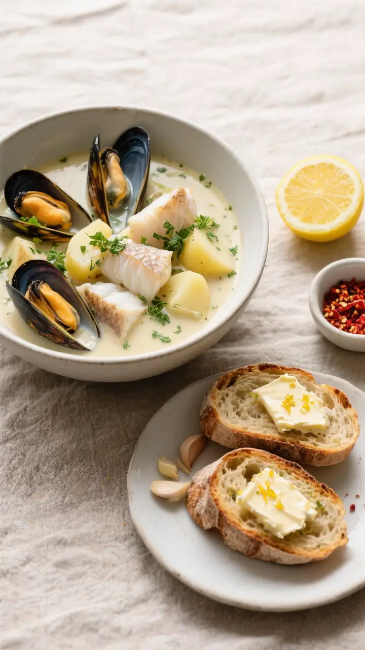 Tasty top view with texture detail: Overhead shot of the full spread—bowl of West Coast Soup cente
