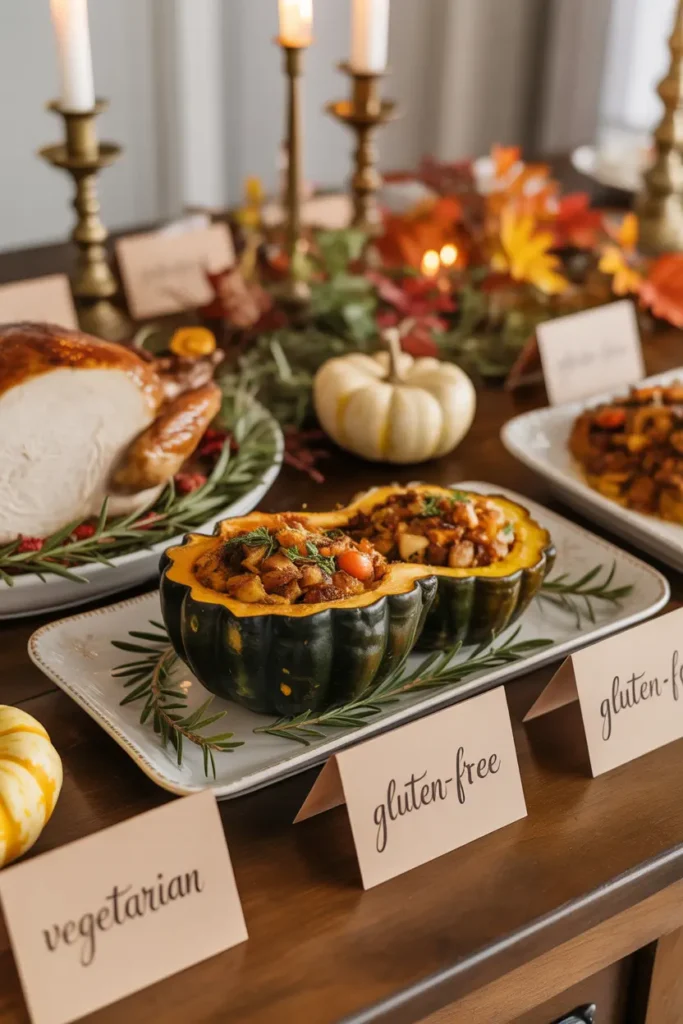 A Thanksgiving buffet with a stuffed acorn squash vegetarian main dish and elegant labels indicating dietary information.