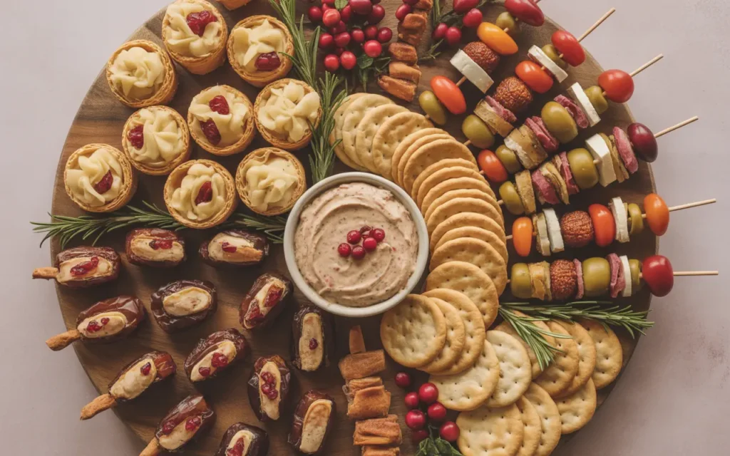 A large wooden appetizer board displaying a variety of unique Thanksgiving appetizers, including cranberry brie bites, antipasto skewers, stuffed dates, and a festive dip.