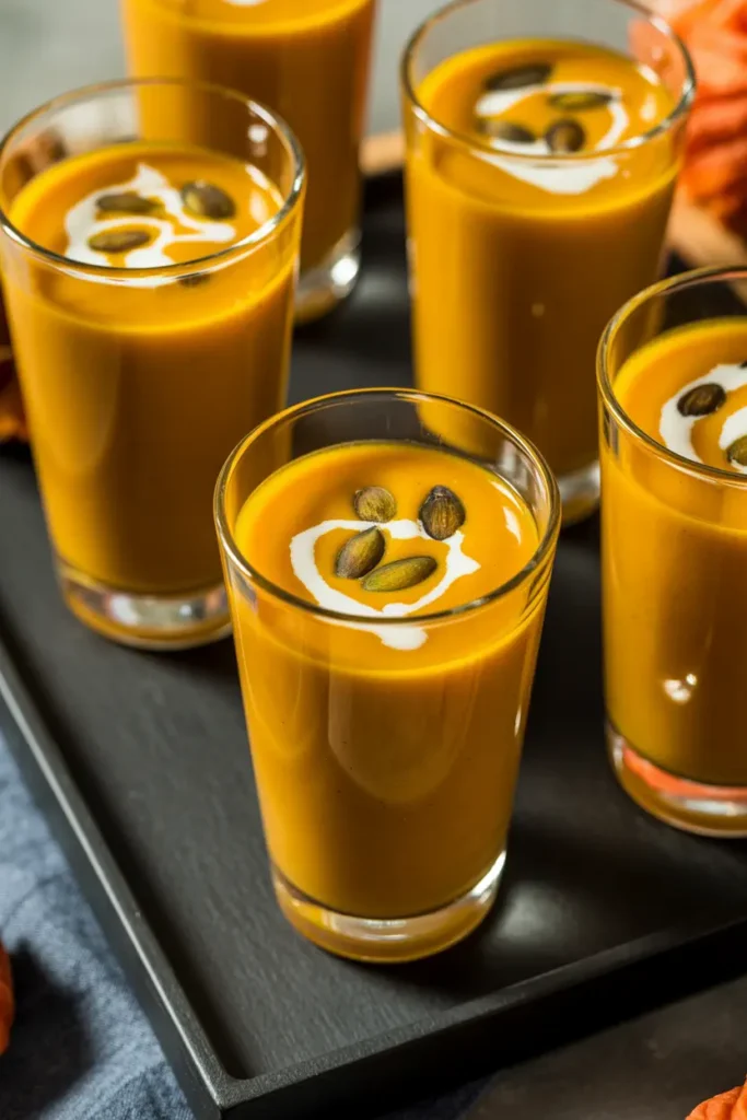 Elegant shot glasses filled with creamy butternut squash bisque soup, garnished with pepitas and a swirl of coconut cream.