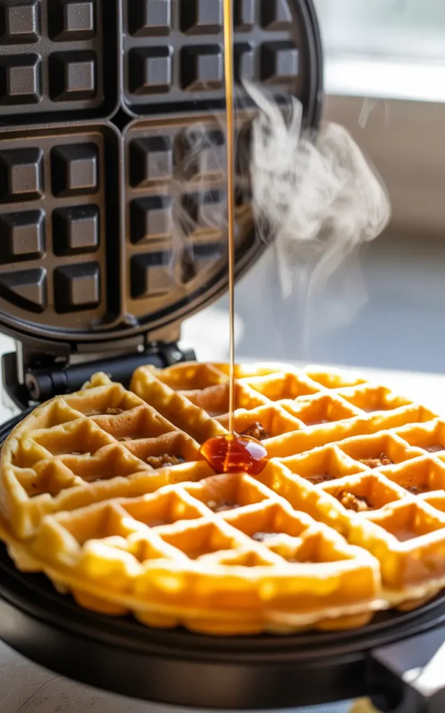 A steaming hot, golden-brown stuffing waffle being revealed as a waffle iron is opened.