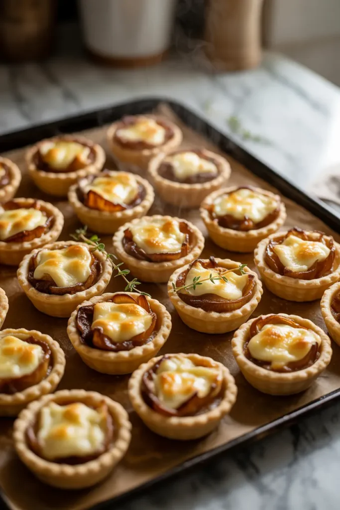 Golden-brown mini tartlets fresh from the oven, filled with caramelized onions and melted Gruyère cheese.