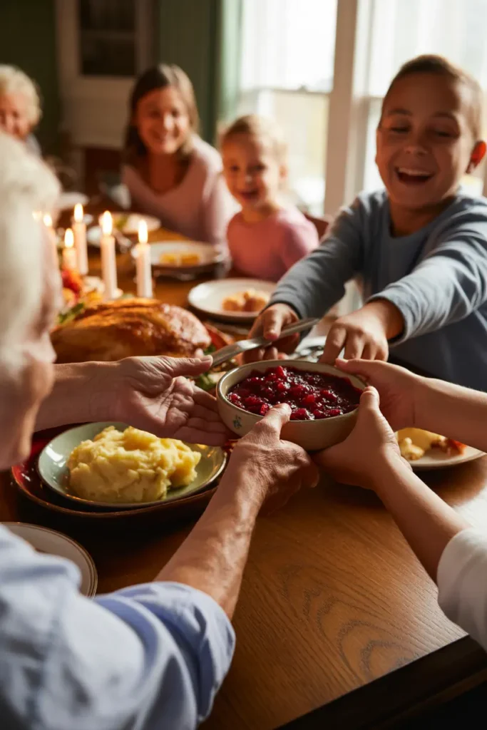 A warm, candid photo of a family passing dishes and laughing around a full Thanksgiving table.