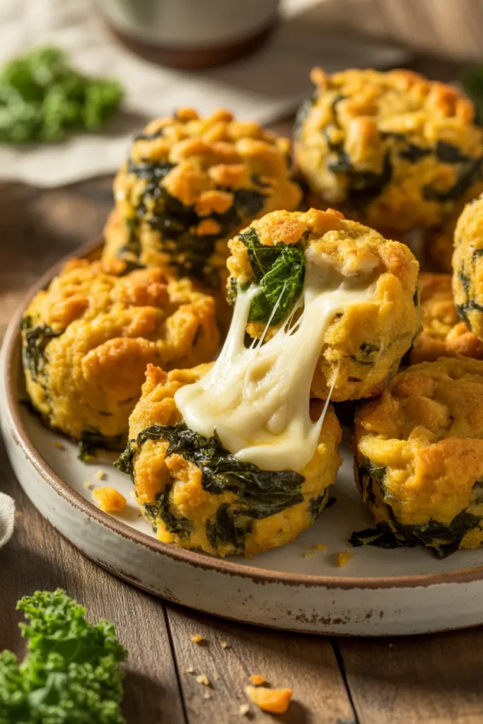 Close-up of bite-sized cheesy kale stuffing bites in a mini muffin shape, with one broken open to show melted cheese.