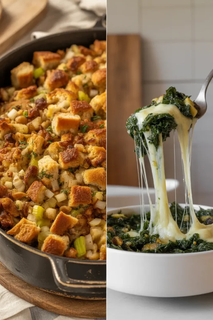 A split image comparing a traditional bread stuffing on the left with a modern cheesy kale stuffing on the right.