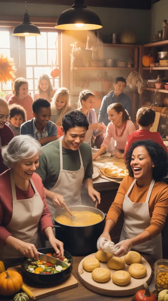 A warm illustration of a diverse group of people of all ages laughing and cooking together in a joyful kitchen.
