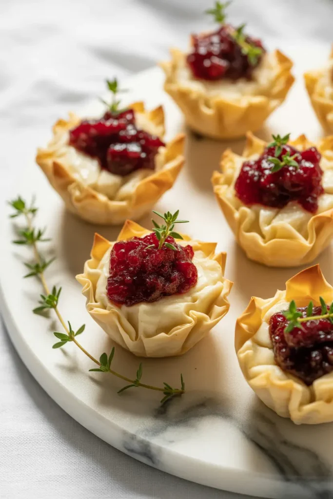 Elegant cranberry brie bites in crispy phyllo cups, garnished with fresh thyme on a marble serving platter.