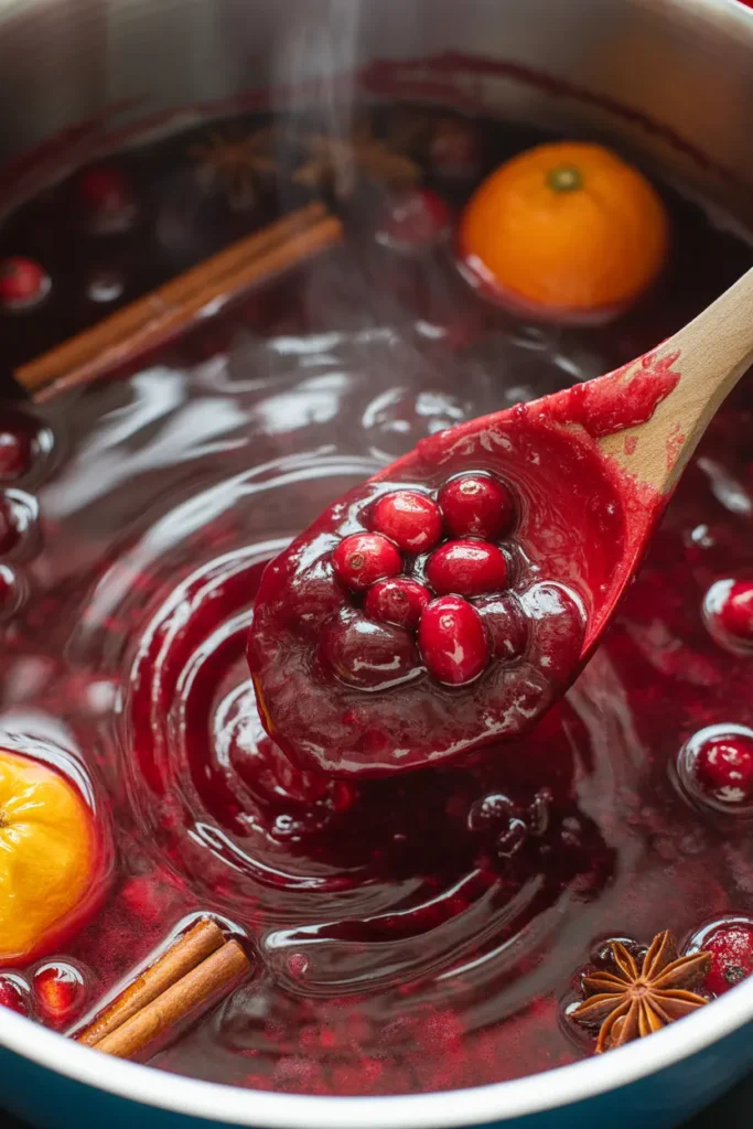 A spoon stirring bubbling homemade cranberry sauce in a saucepan with a cinnamon stick and fresh orange slices.