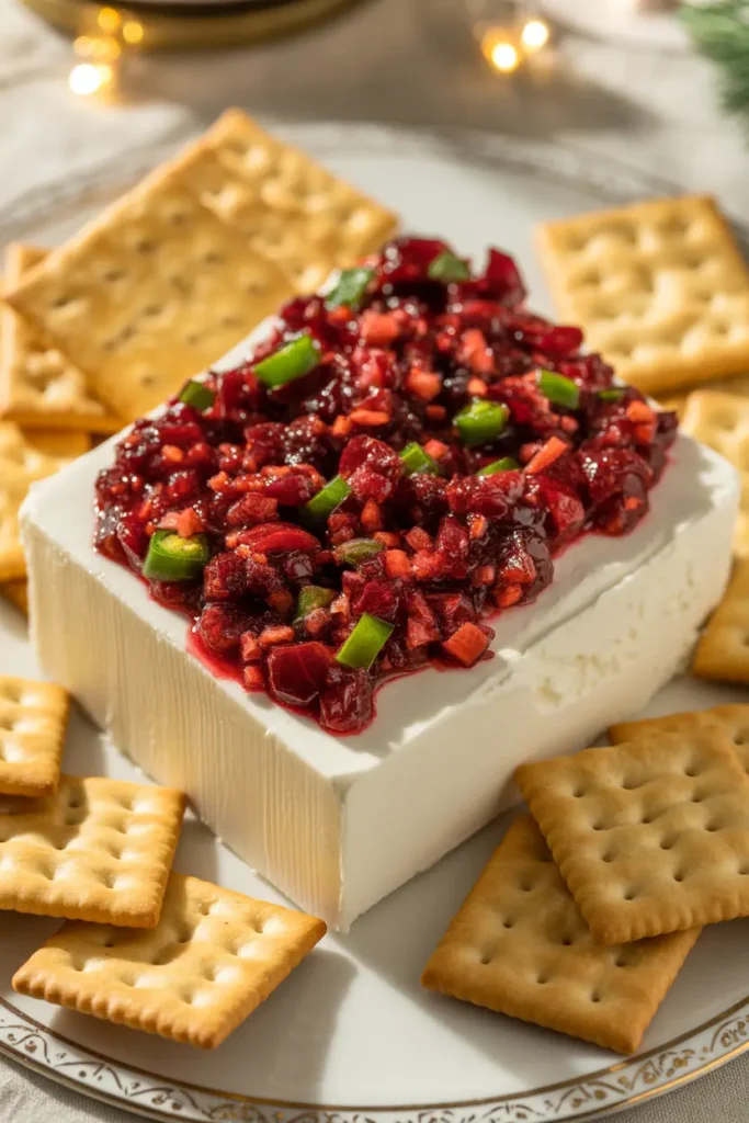 A block of cream cheese topped with a vibrant red cranberry jalapeño salsa, ready to be served with crackers.