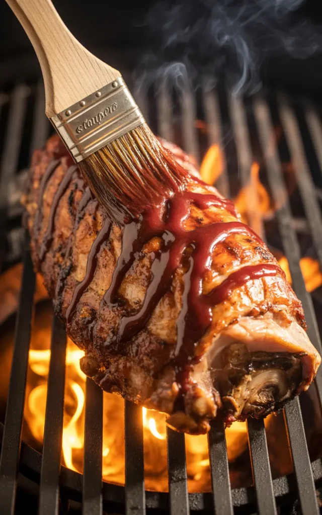 A close-up of a thick, bubbling cranberry BBQ glaze being brushed onto turkey on a hot grill.