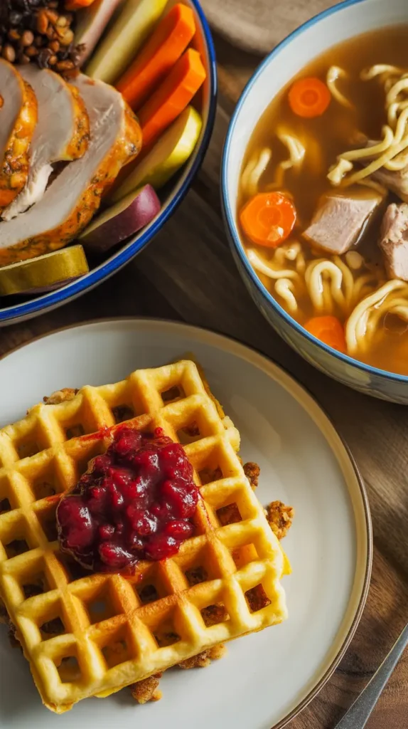 A creative food photograph of three transformed Thanksgiving leftover dishes: a stuffing waffle, a bowl of turkey soup, and a layered Thanksgiving bowl.