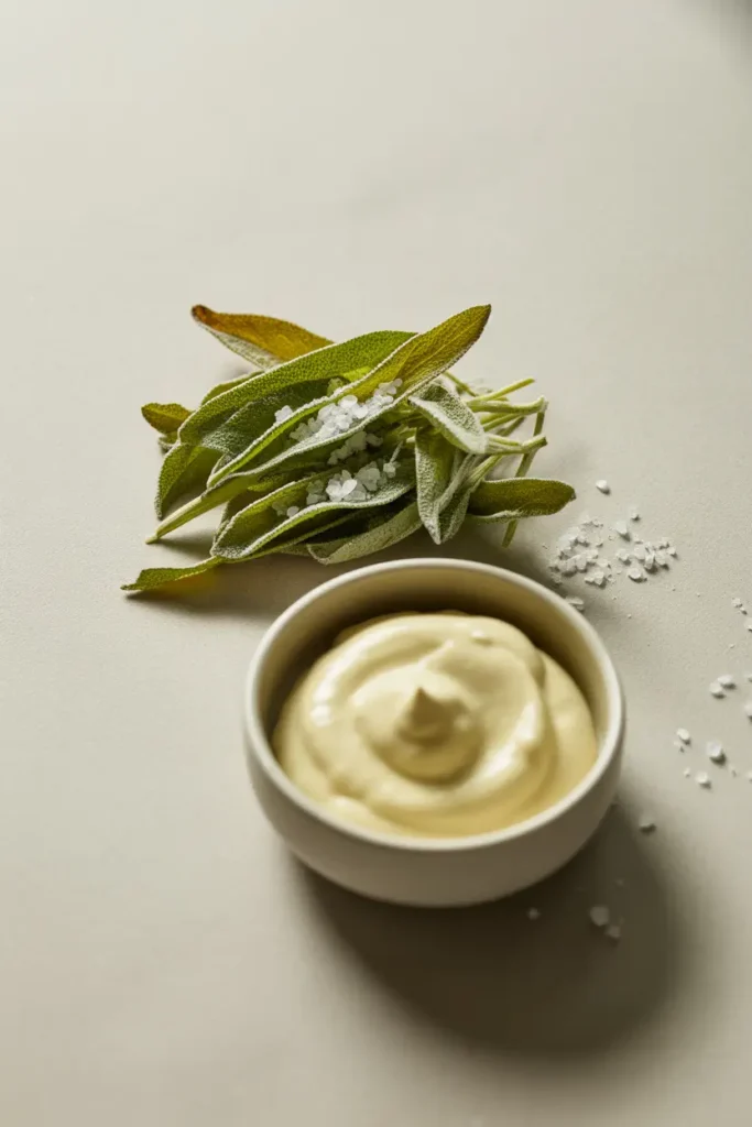 Crispy, sea-salt-dusted fried sage leaves served next to a small bowl of creamy anchovy mayonnaise for dipping.